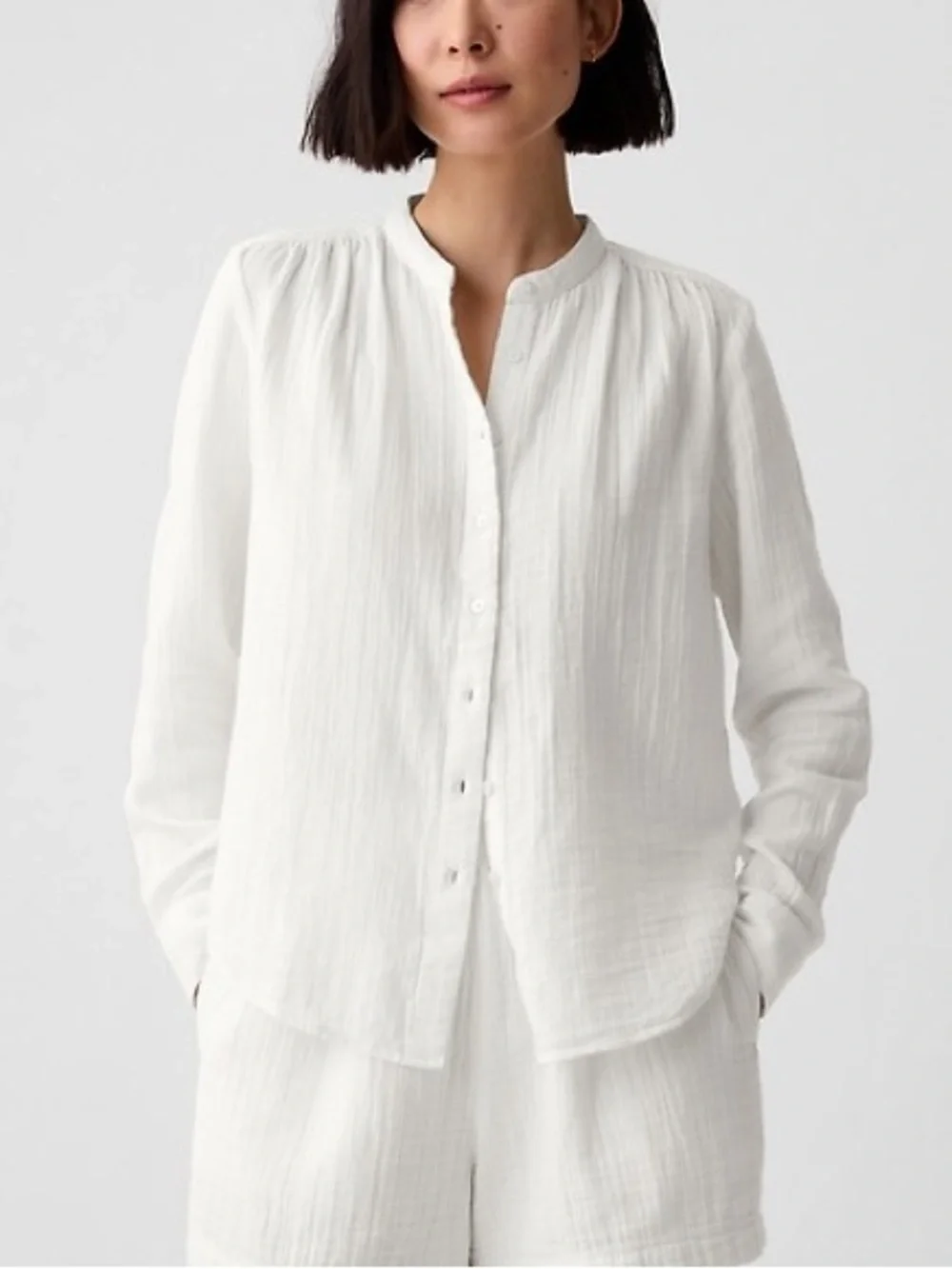 GAP White Band-Collar Button-Down Gauze Shirt - Picture 1 of 5